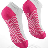 Two pink and gray socks with zigzag pattern on a white background, emphasizing cushioned sole comfort.