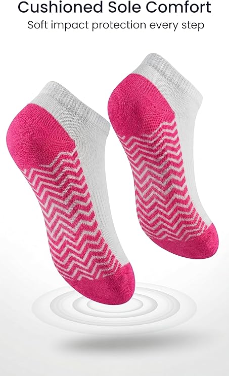 Two pink and gray socks with zigzag pattern on a white background, emphasizing cushioned sole comfort.