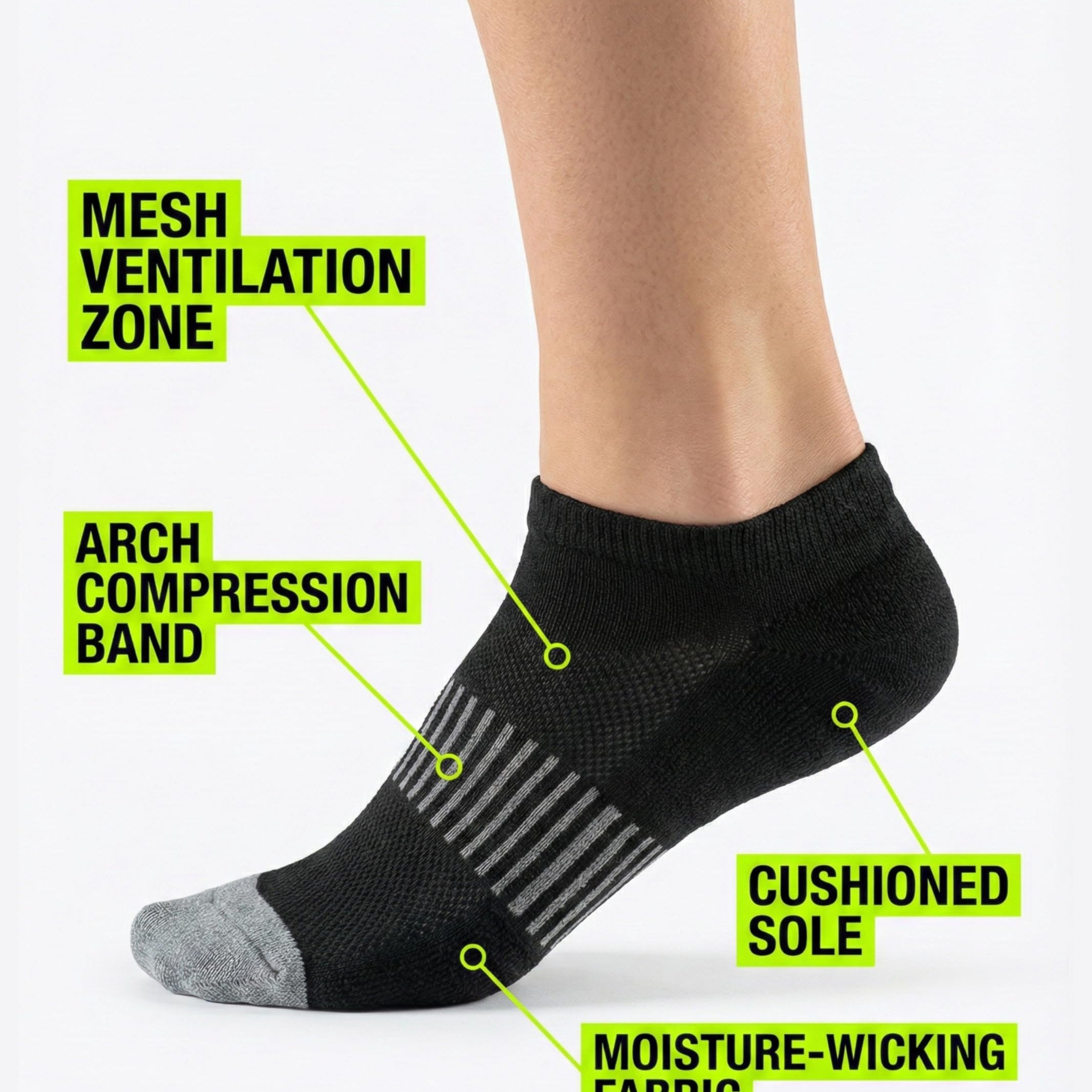 Black ankle sock with labeled features on a white background