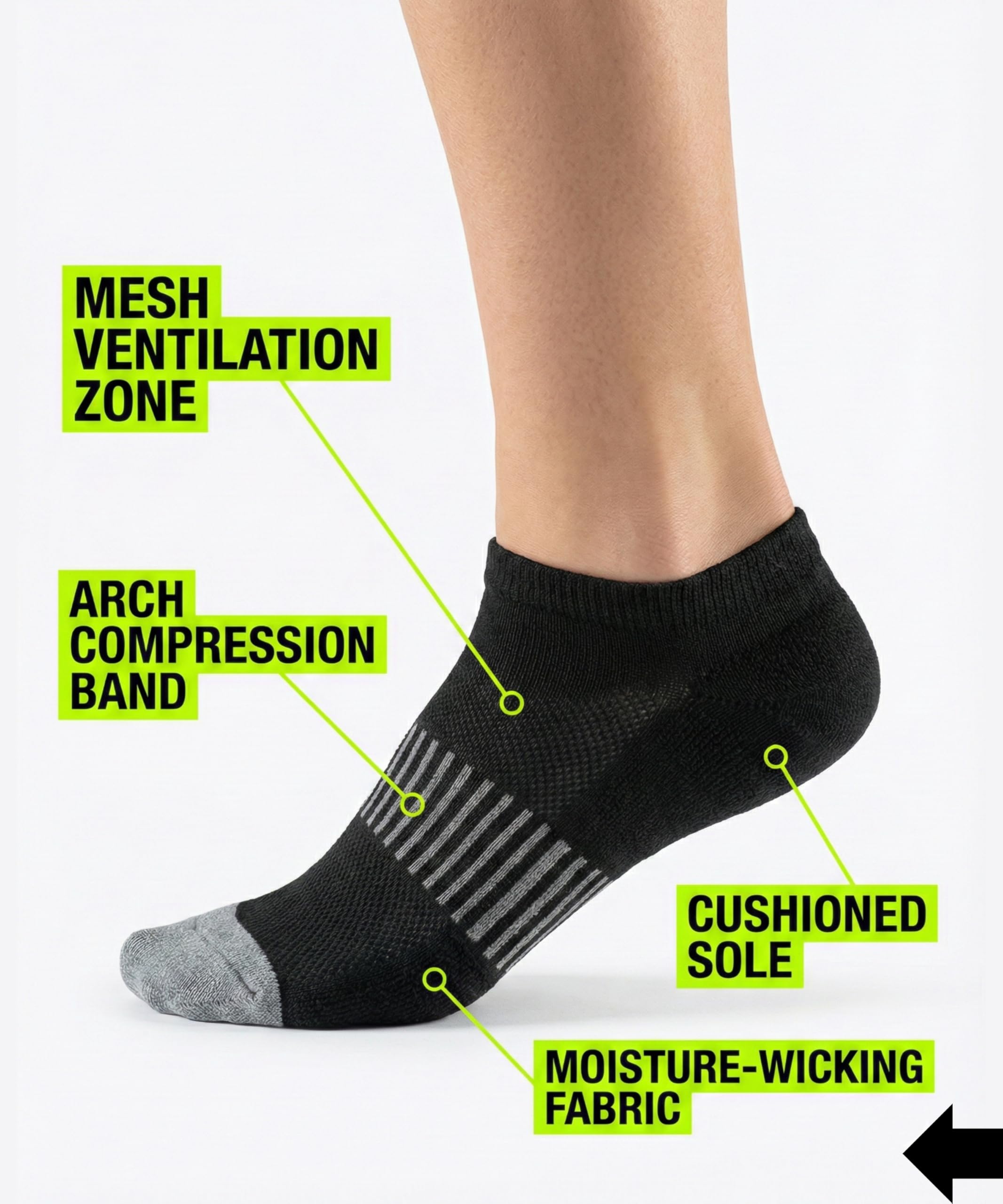 Black ankle sock with labeled features on a white background