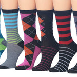 Women's 6-Pairs Colorful Geometric Harmony Blusih Green Pinkish Red Funky Argyle Stripes Patterned Crew Dress Socks - Socks