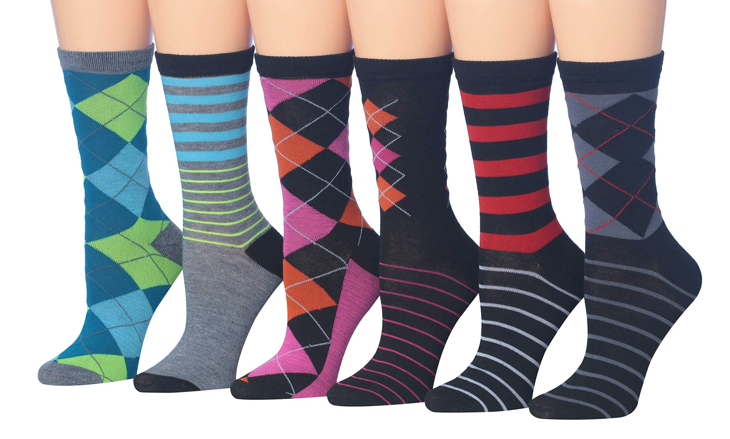 Women's 6-Pairs Colorful Geometric Harmony Blusih Green Pinkish Red Funky Argyle Stripes Patterned Crew Dress Socks - Socks