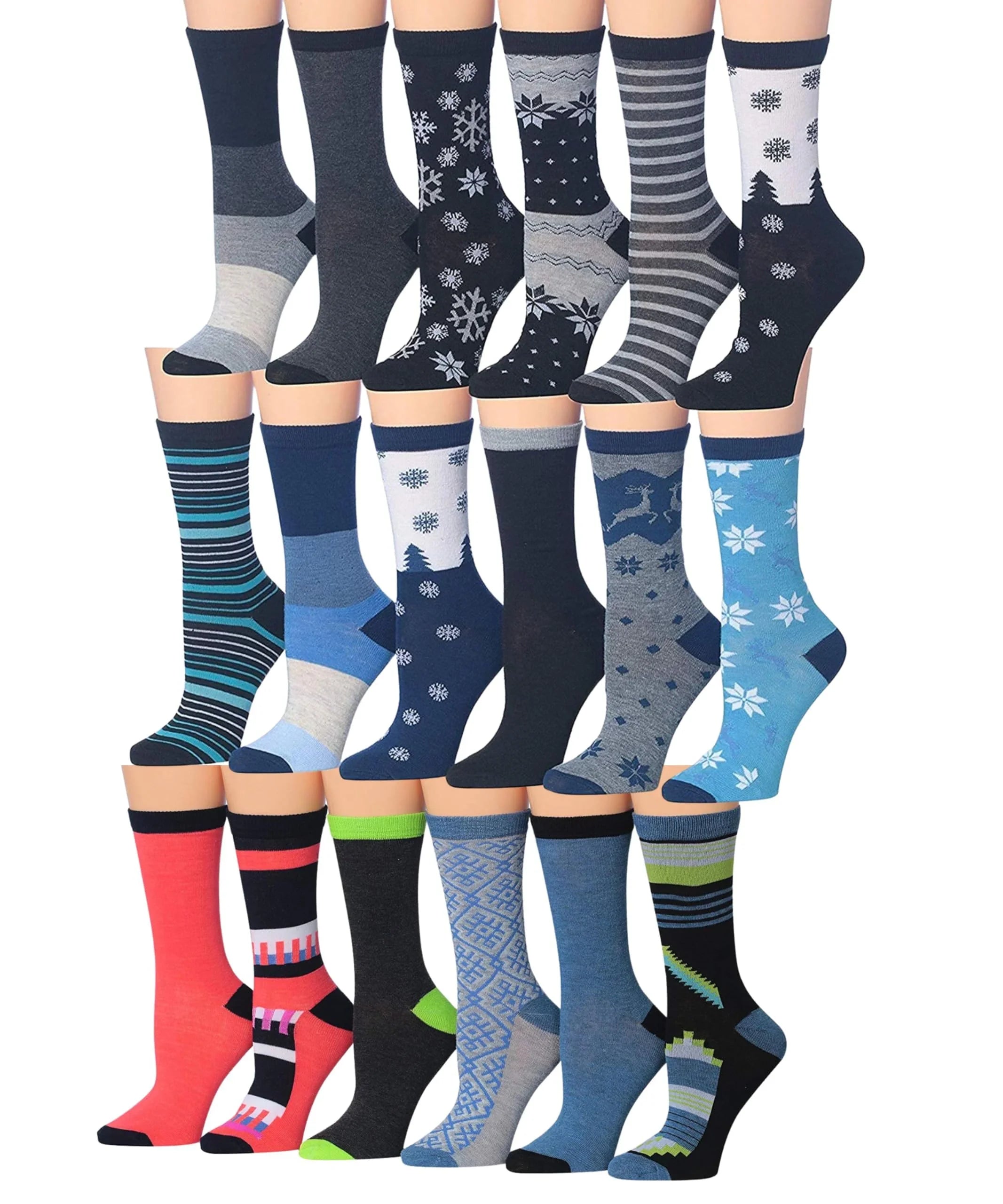 Women's 18-Pack Colorful Winter Wonderland Mix Patterned Fashion Crew Socks - Socks