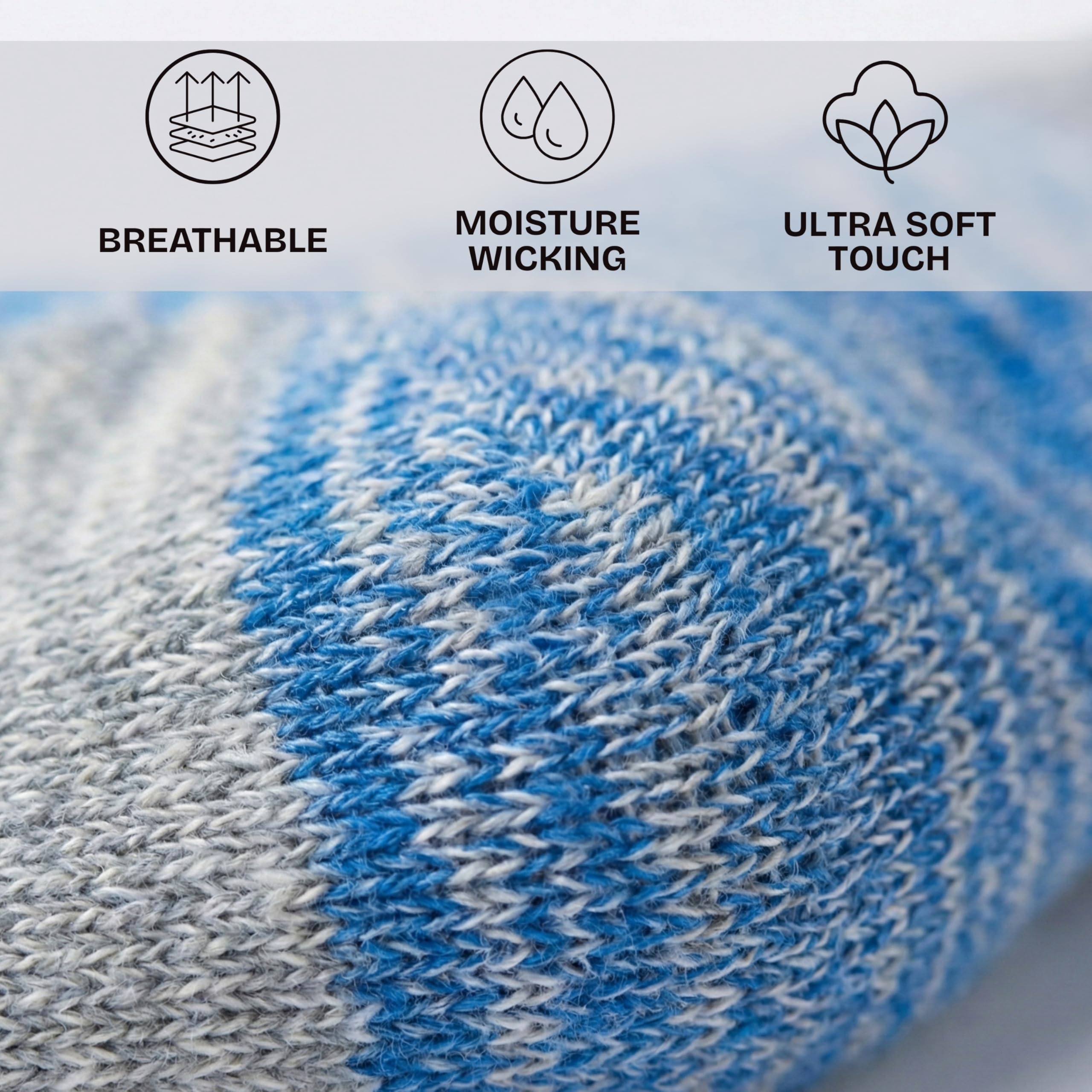 Close-up of a knitted textile with blue, white, and gray stripes, overlaid with feature icons and text reading Breathable, Moisture Wicking, and Ultra Soft Touch.
