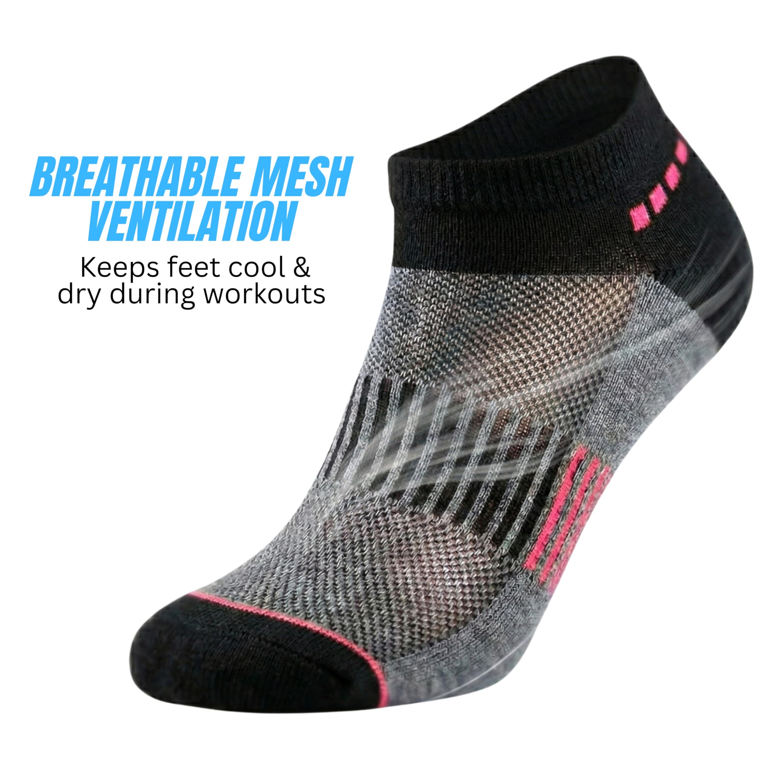 Black and gray athletic sock with pink accents on a white background, featuring text about breathable mesh ventilation.