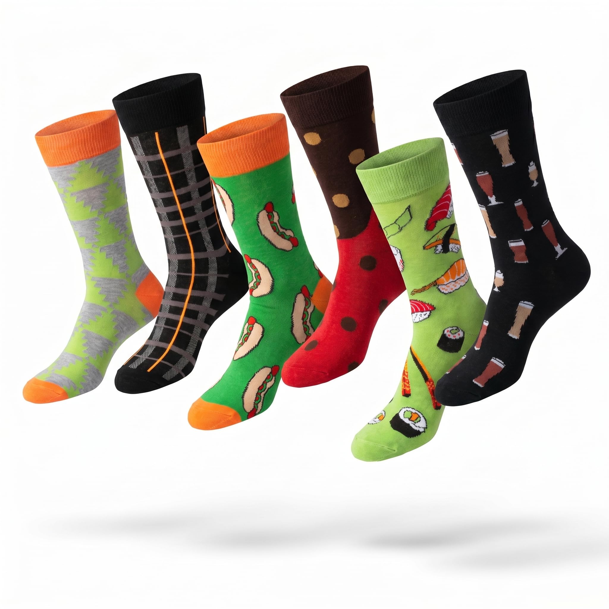 Six pairs of novelty crew socks floating in mid-air against a white background, featuring colorful patterns including sushi, hot dogs, plaid, and beer glasses.