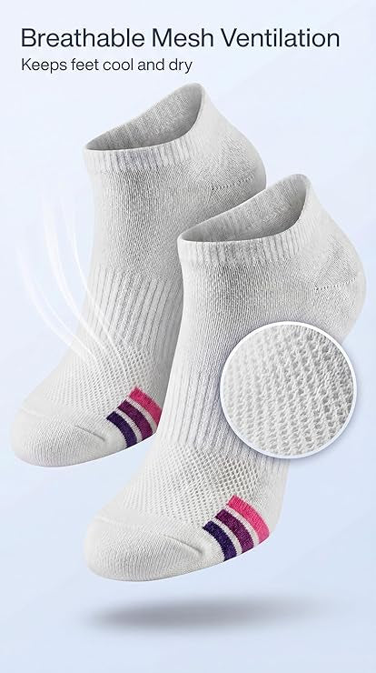 White socks with mesh ventilation on a light gray background