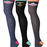 Isadora Paccini Women's 3 Pairs Mystical Feline Trio Dark Blue Black with Cat Face Accents Over The Knee High Socks