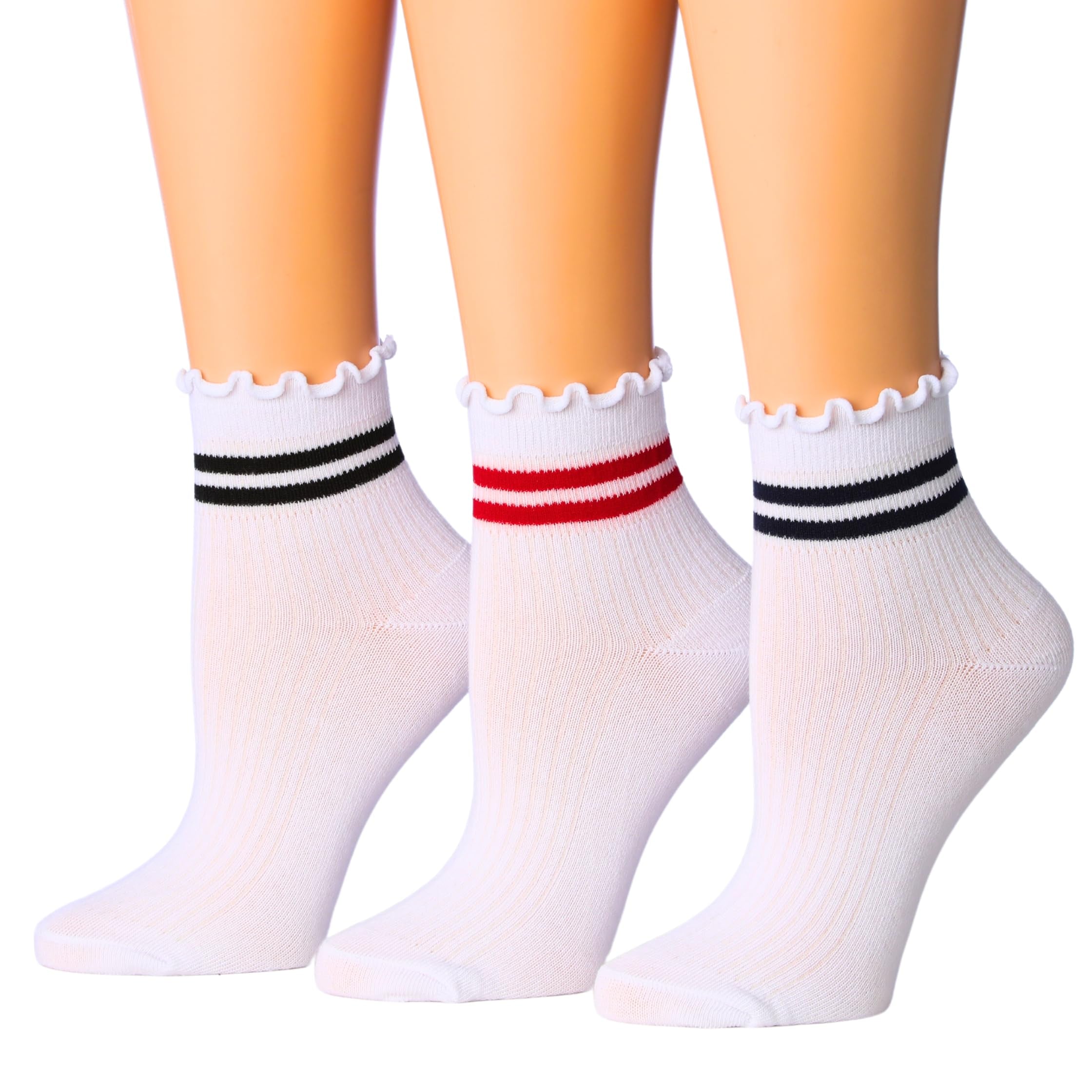 Solid QuarterTurn-Cuff Multicolor Striped Ruffle Socks
