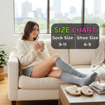 Woman sitting on a couch wearing knee-high socks with a size chart overlay.