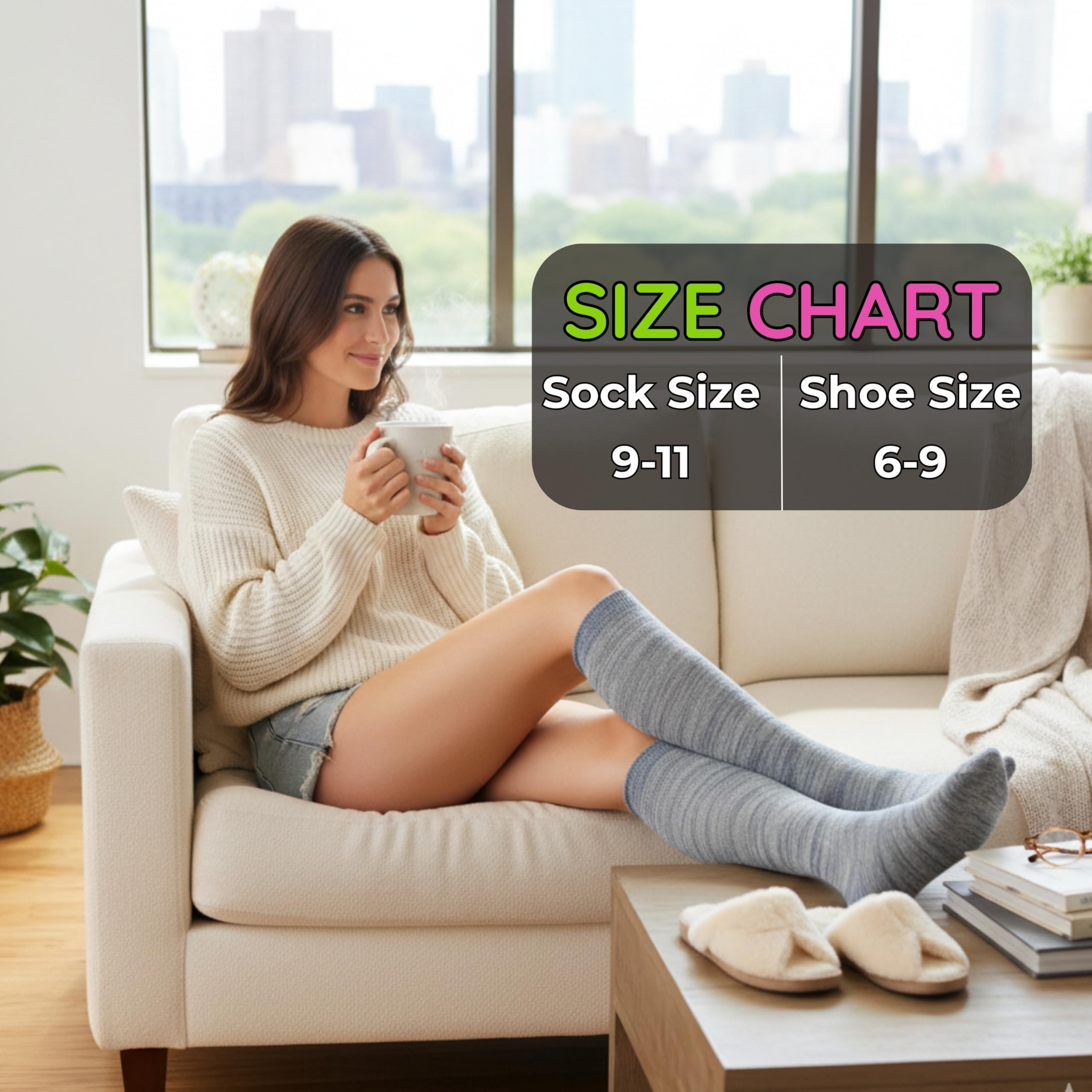 Woman sitting on a couch wearing knee-high socks with a size chart overlay.