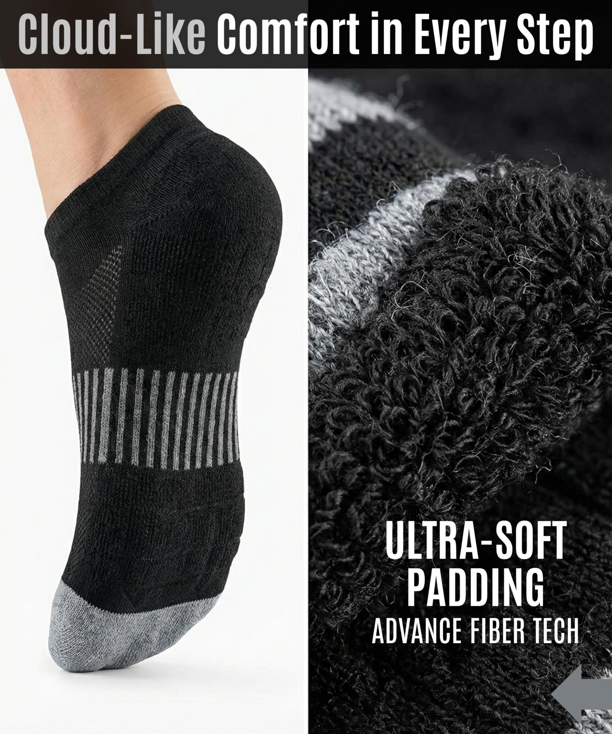 Black ankle sock with gray sole on a white background, showing ultra-soft padding and advanced fiber technology.