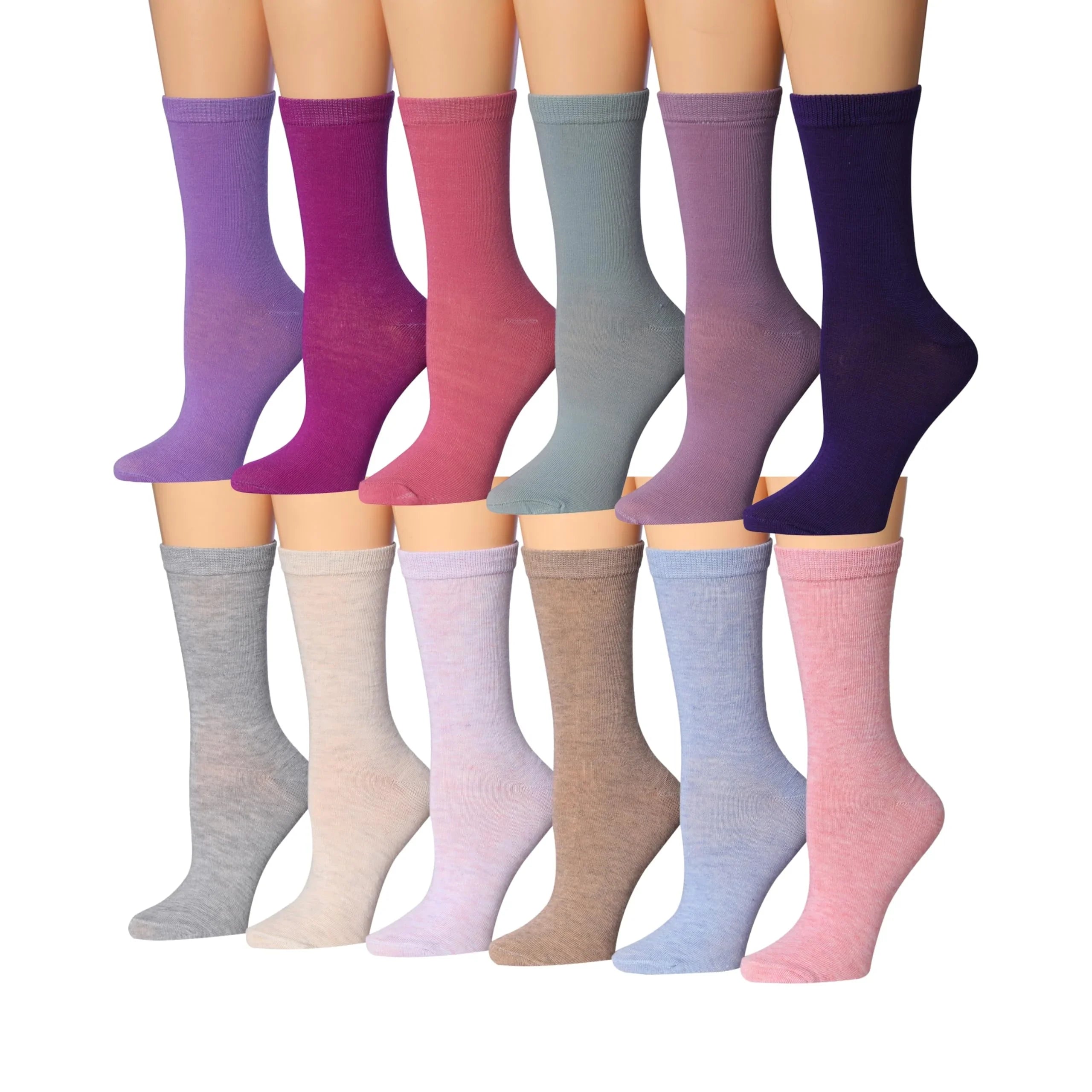 Women's 12 Pack Colorful Pastel Violet Spectrum Lightweight Crew Socks - Socks