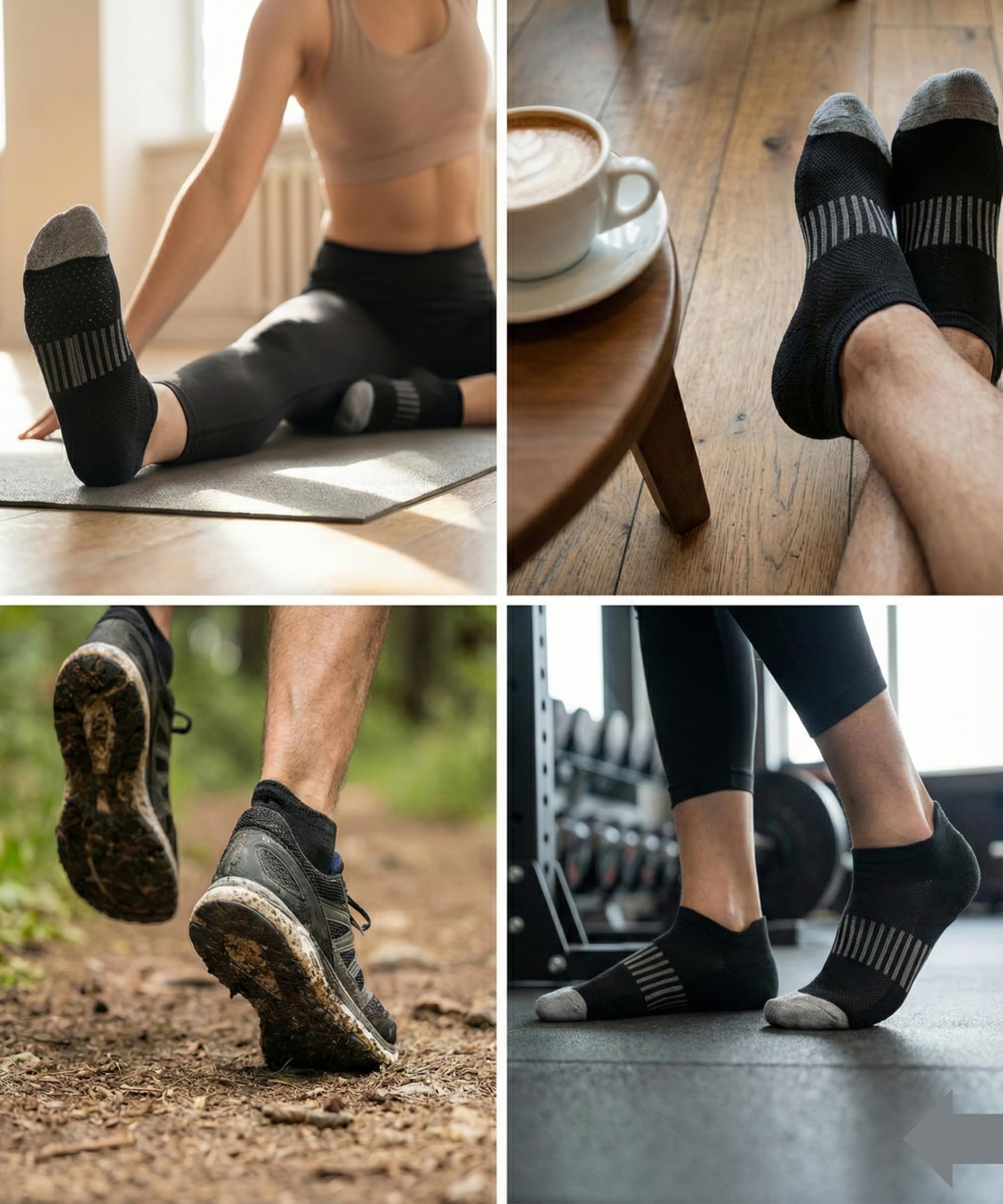 Collage of people wearing black ankle socks in various settings.