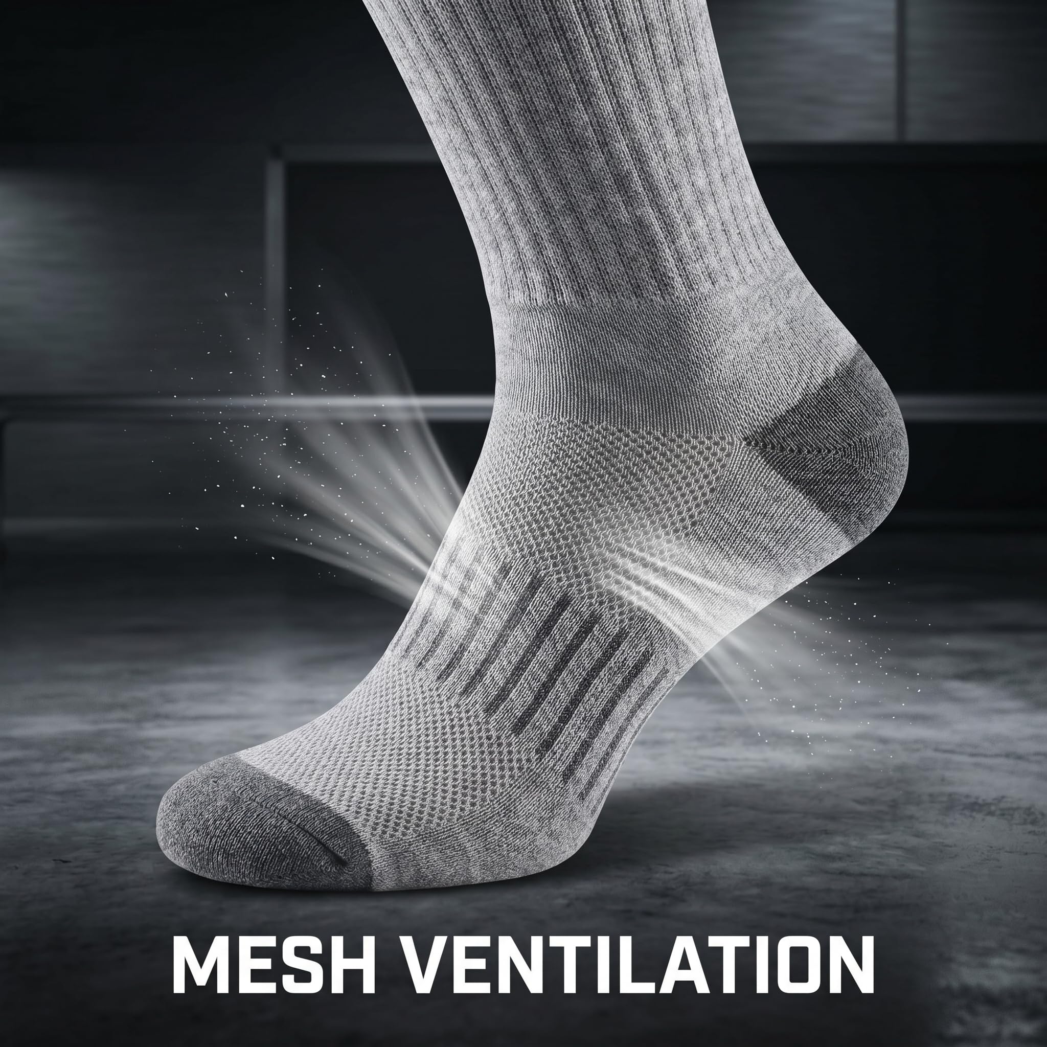 A gray knit sock shown on a foot against a dark studio background, with bright light rays and small particles emphasizing mesh ventilation. Large white text at the bottom reads “MESH VENTILATION.