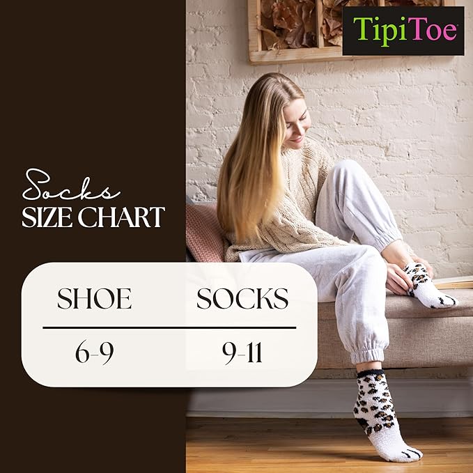 Woman sitting on a couch wearing TipiToe socks with a size chart overlay.
