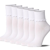 Tipi Toe Womens White Solid Lettuce Edge Lightweight Crew Length With Cuff Ruffle Socks For Women