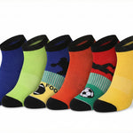 Six pairs of low-cut athletic socks arranged in a fan shape on a white background. The socks come in blue, lime green, navy with black graphic, orange, red with black graphic, and yellow with black graphic.