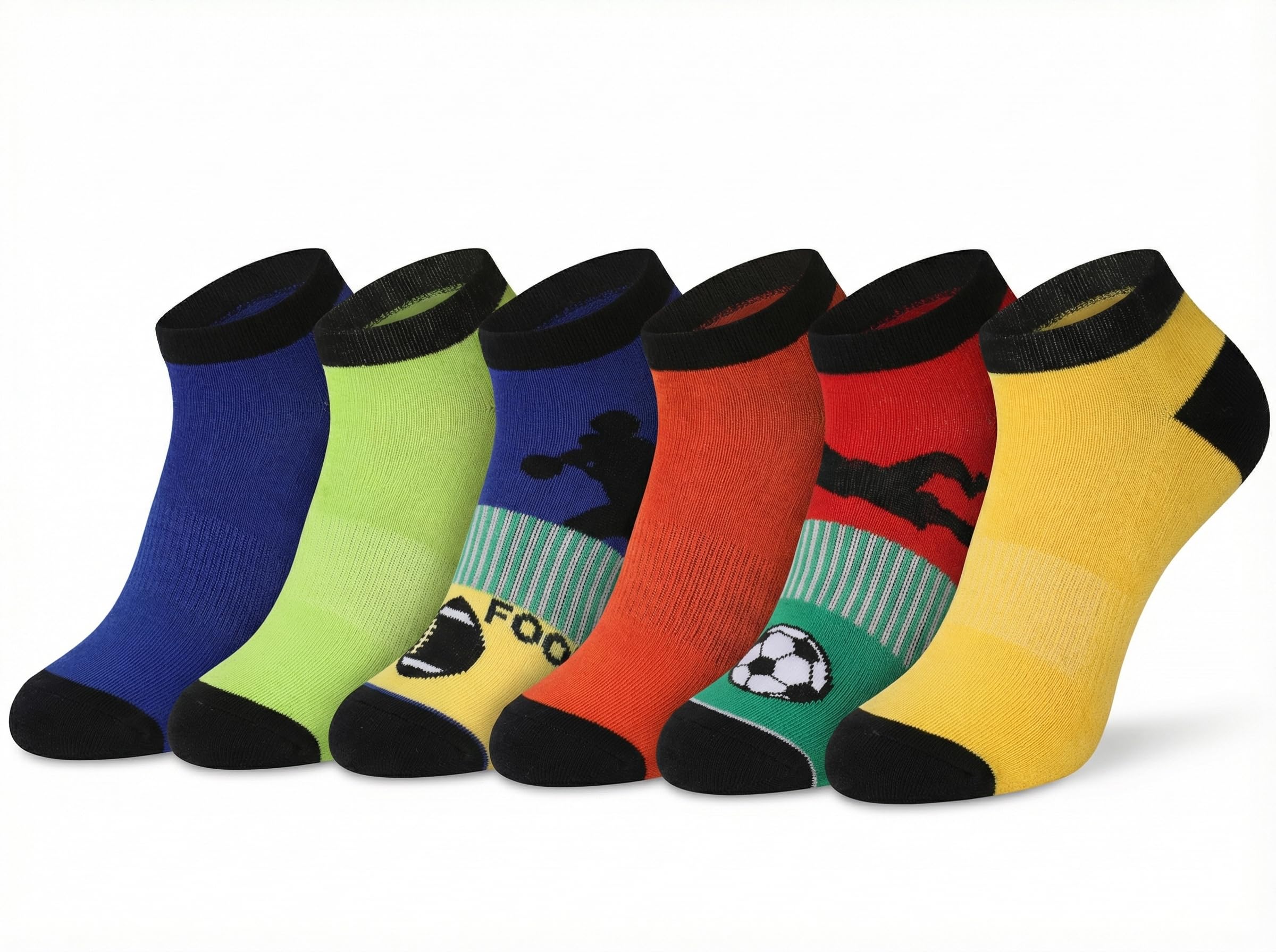 Six pairs of low-cut athletic socks arranged in a fan shape on a white background. The socks come in blue, lime green, navy with black graphic, orange, red with black graphic, and yellow with black graphic.