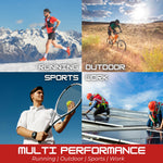 A four-panel promotional collage with the text 'RUNNING SPORTS OUTDOOR WORK' and a red banner reading 'MULTI PERFORMANCE Running | Outdoor | Sports | Work.' The panels show a runner in snowy mountains, a cyclist in a grassy field, a man holding a tennis racket and ball against a blue sky, and two workers installing solar panels on a roof.