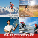 A four-panel promotional collage with the text 'RUNNING SPORTS OUTDOOR WORK' and a red banner reading 'MULTI PERFORMANCE Running | Outdoor | Sports | Work.' The panels show a runner in snowy mountains, a cyclist in a grassy field, a man holding a tennis racket and ball against a blue sky, and two workers installing solar panels on a roof.