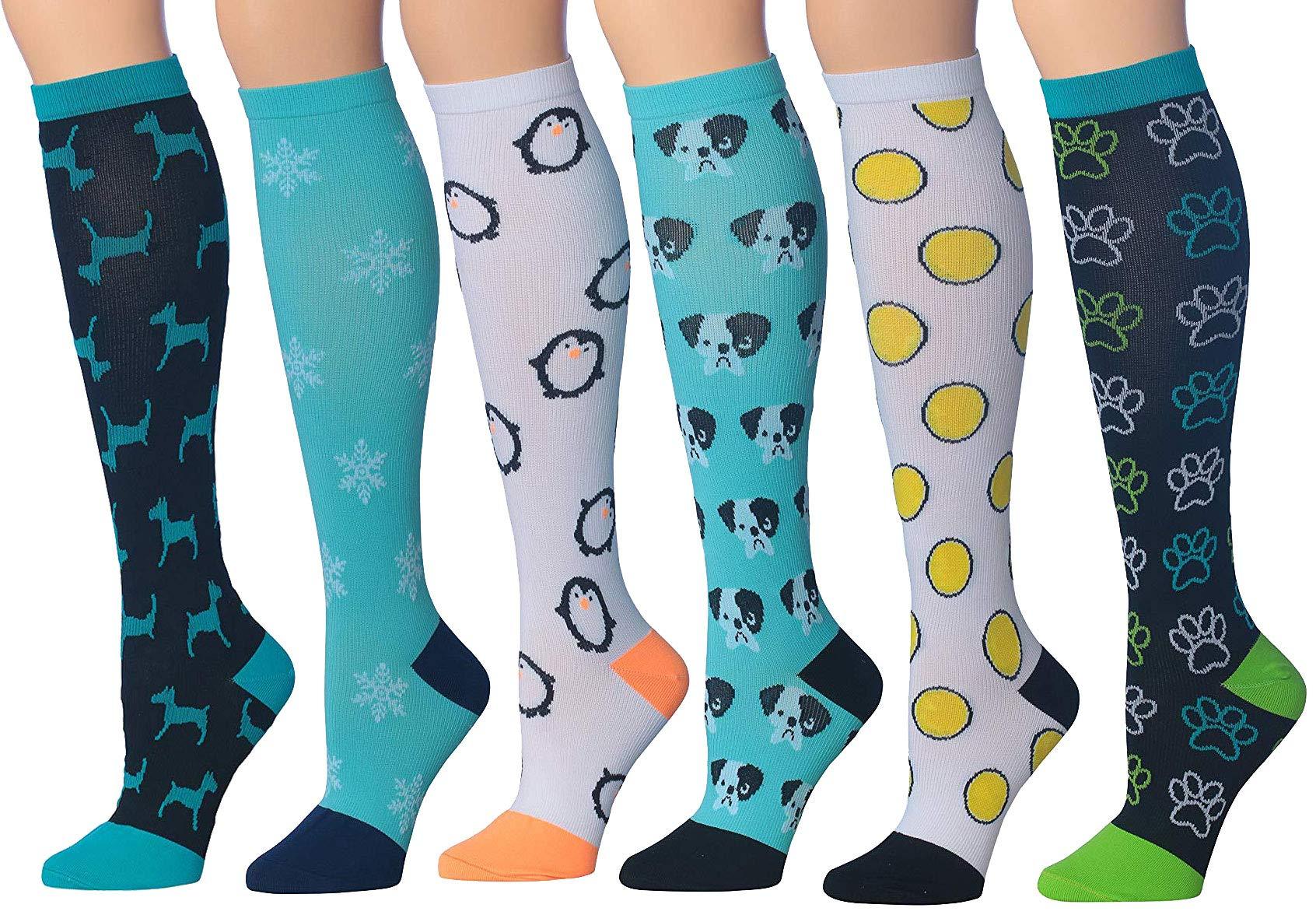 RONNOX Compression Socks for Men & Women Colorful Patterned Knee High Socks (16-20 mmHg / 12-14 mmHg) 6-Pairs CP01-AD - Socks