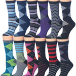 Women's Plus Size 12 Pairs Lightweight Colorful Striped Argyle Zigzag Geometric Patterned Crew Socks - Socks
