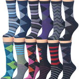 Women's Plus Size 12 Pairs Lightweight Colorful Striped Argyle Zigzag Geometric Patterned Crew Socks - Socks