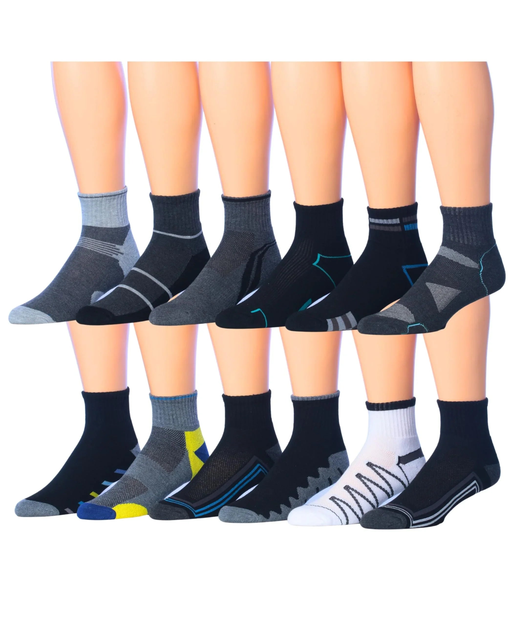 JAMES FIALLO Men's 12 Pack Midnight Tech Mix Patterned Quarter Athletic Socks - Tipi Toe Socks