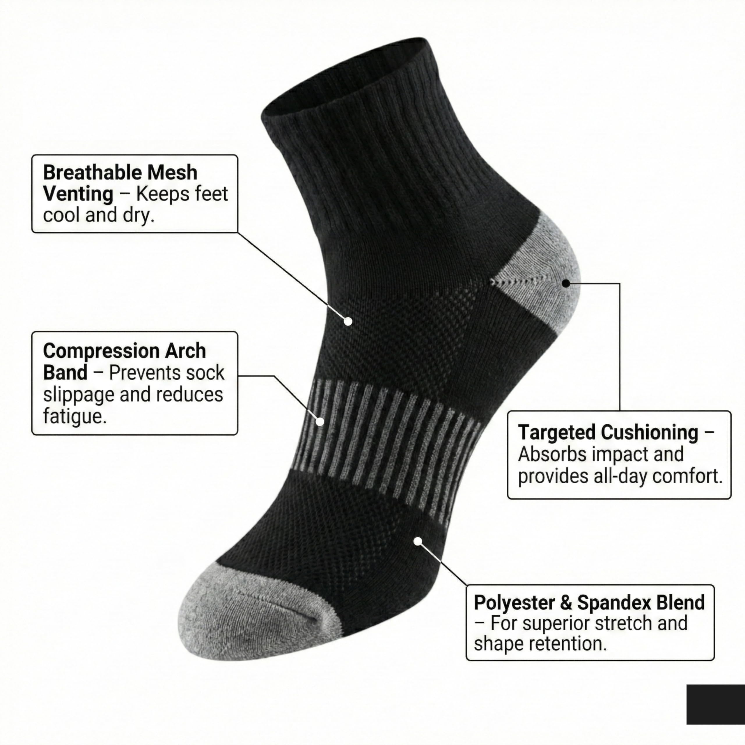 Black sock with features labeled on a white background