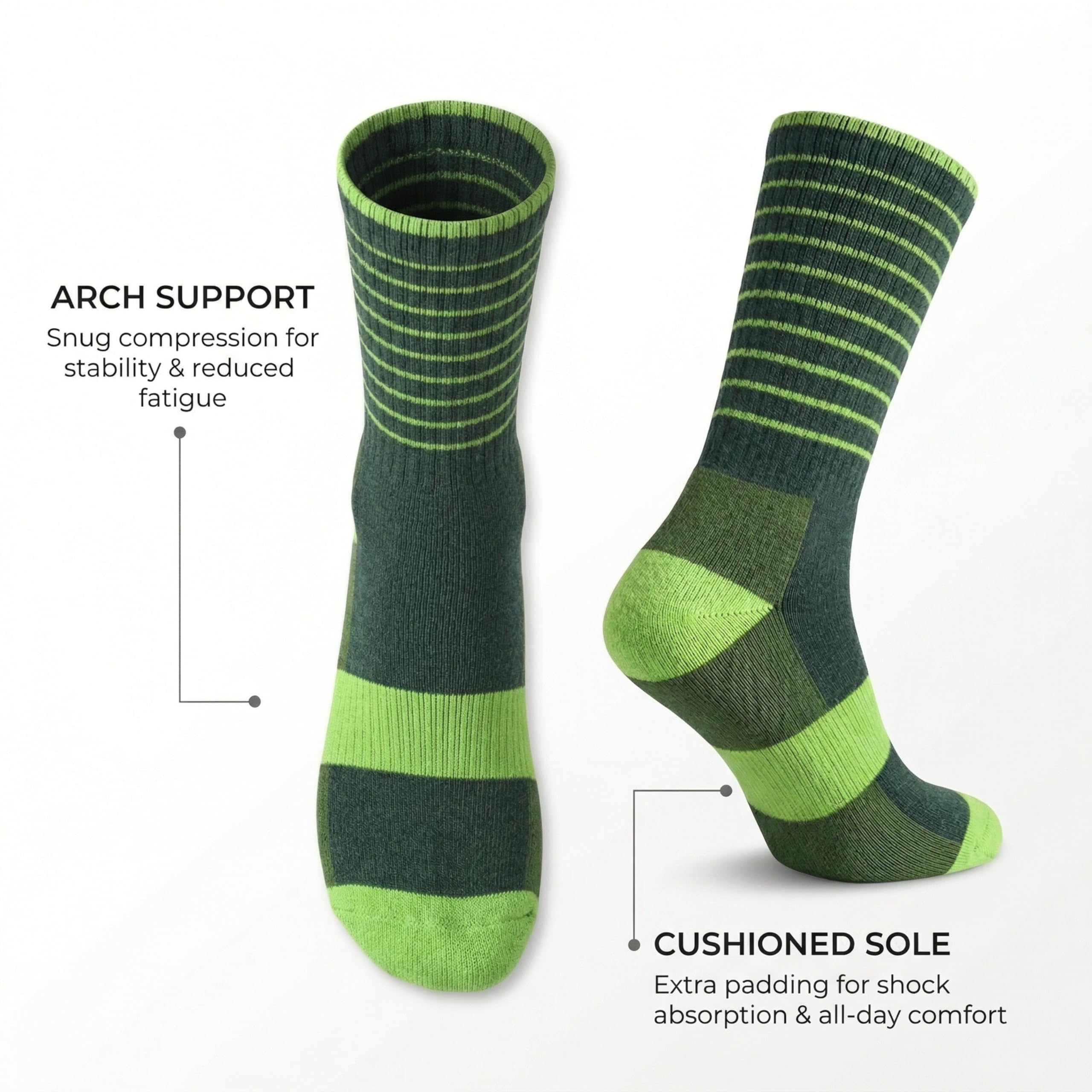 Green and black striped socks with arch support and cushioned sole features on a white background