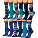 Women's 12 Pairs Lightweight Colorful Midnight Teal Mix Patterned Crew Socks - Socks