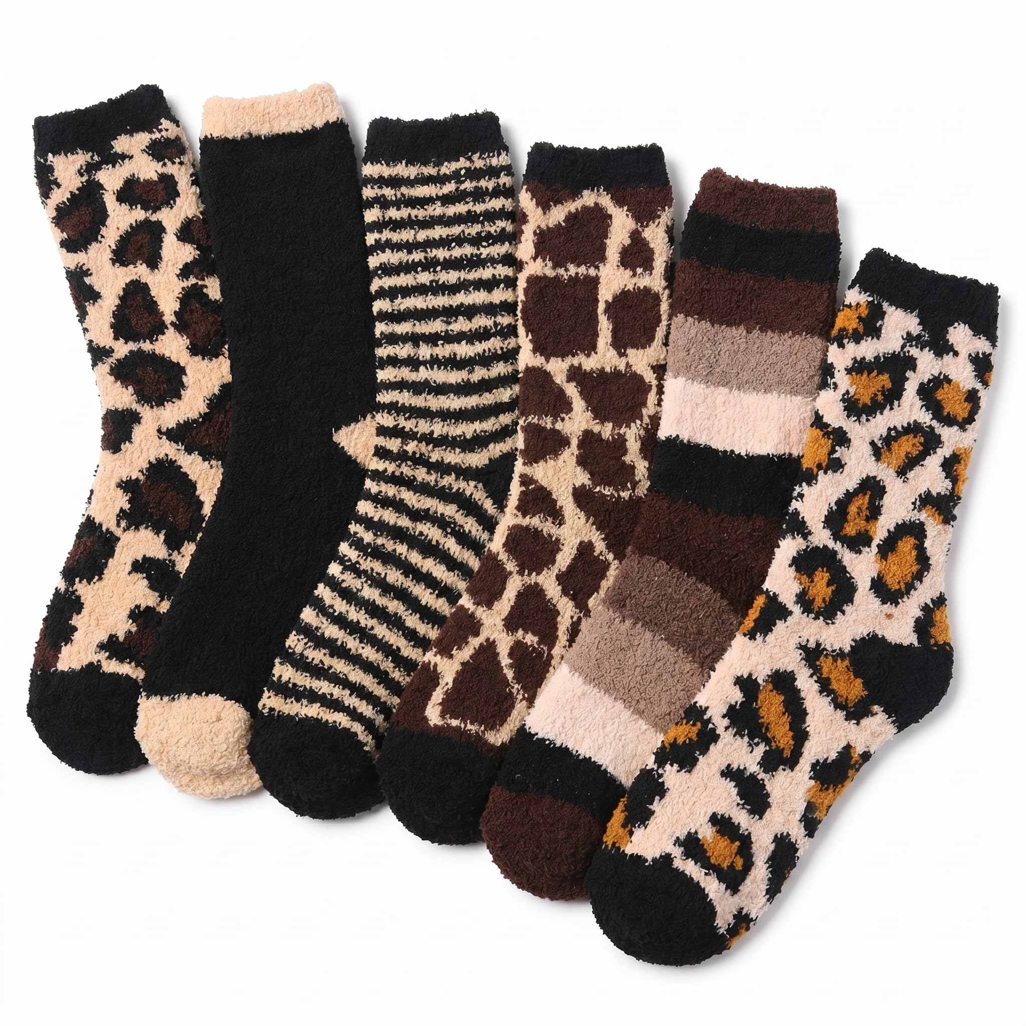 Set of patterned socks including leopard print, striped, and checkered designs on a white background.