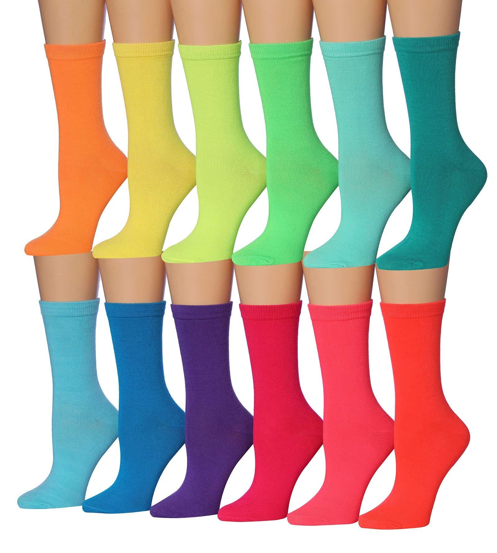 Women's 12-Pairs Lightweight Orange Lime Green Fun Light Colored Crew Socks - Tipi Toe Socks