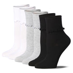 Womens White/Grey/Black Solid Lettuce Edge Lightweight Crew Length With Cuff Ruffle Socks For Women - Socks