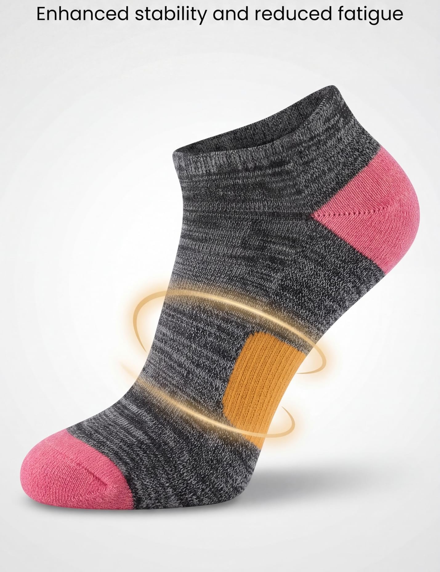 Gray and pink sock with arch support on a light gray background