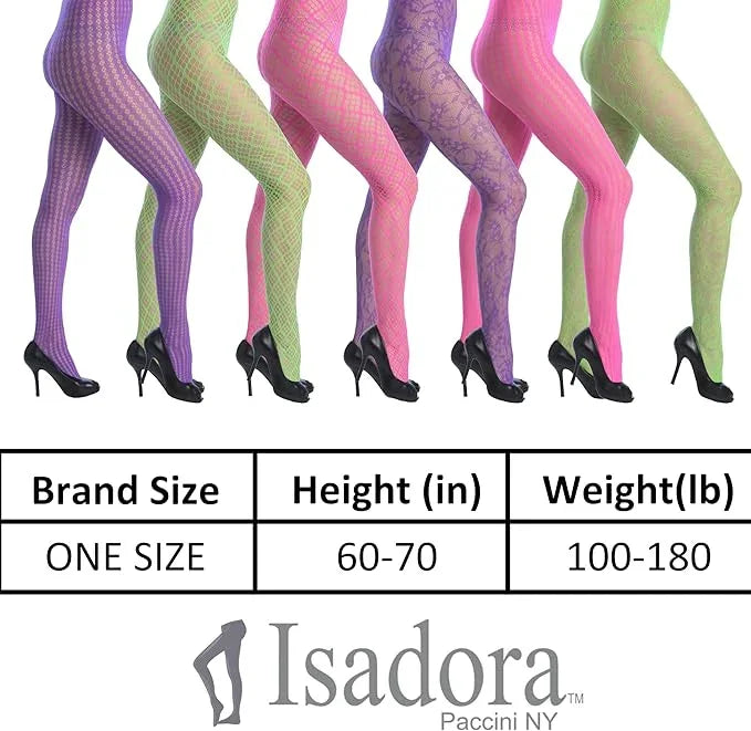 Isadora Paccini Women's 6-Pack Fishnet Lace See-Through Midnight Patterned Pantyhose Tights, One Size Fits Most, Black - Socks