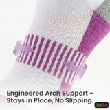 White sock with purple arch support and text 'Engineered Arch Support - Stays in Place, No Slipping.'