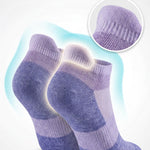 Pair of purple socks with a protective heel tab on a light gray background