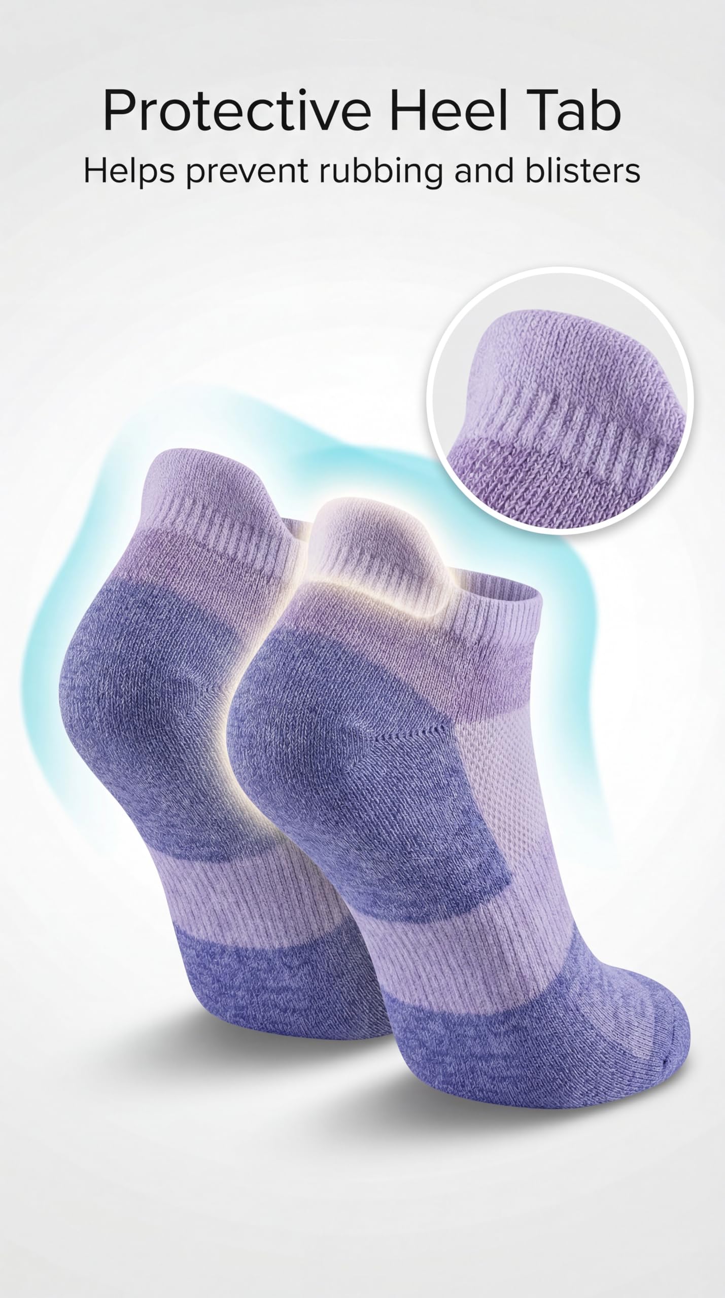 Pair of purple socks with a protective heel tab on a light gray background