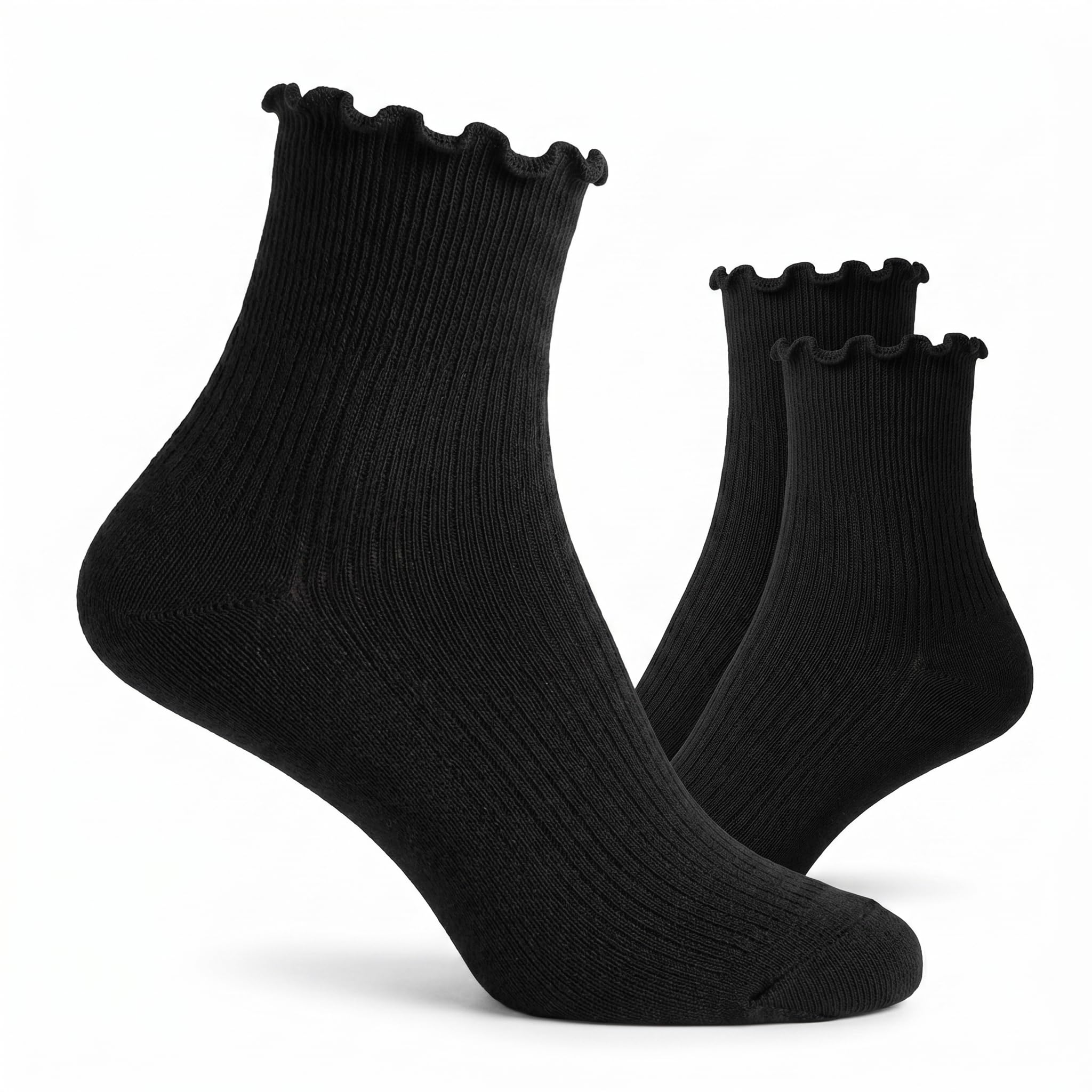 Solid Black Turn-Cuff Quarter Ruffle Socks