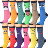 Tipi Toe Women's 12 Pairs Lightweight Colorful Funny Crazy Face Patterned Crew Socks