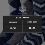 A size chart graphic for James Fiallo socks, showing a size guide from fit shoe 6-12 to sock size 10-13, overlaid on a close-up of navy, gray, and white striped knit socks.