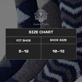A size chart graphic for James Fiallo socks, showing a size guide from fit shoe 6-12 to sock size 10-13, overlaid on a close-up of navy, gray, and white striped knit socks.