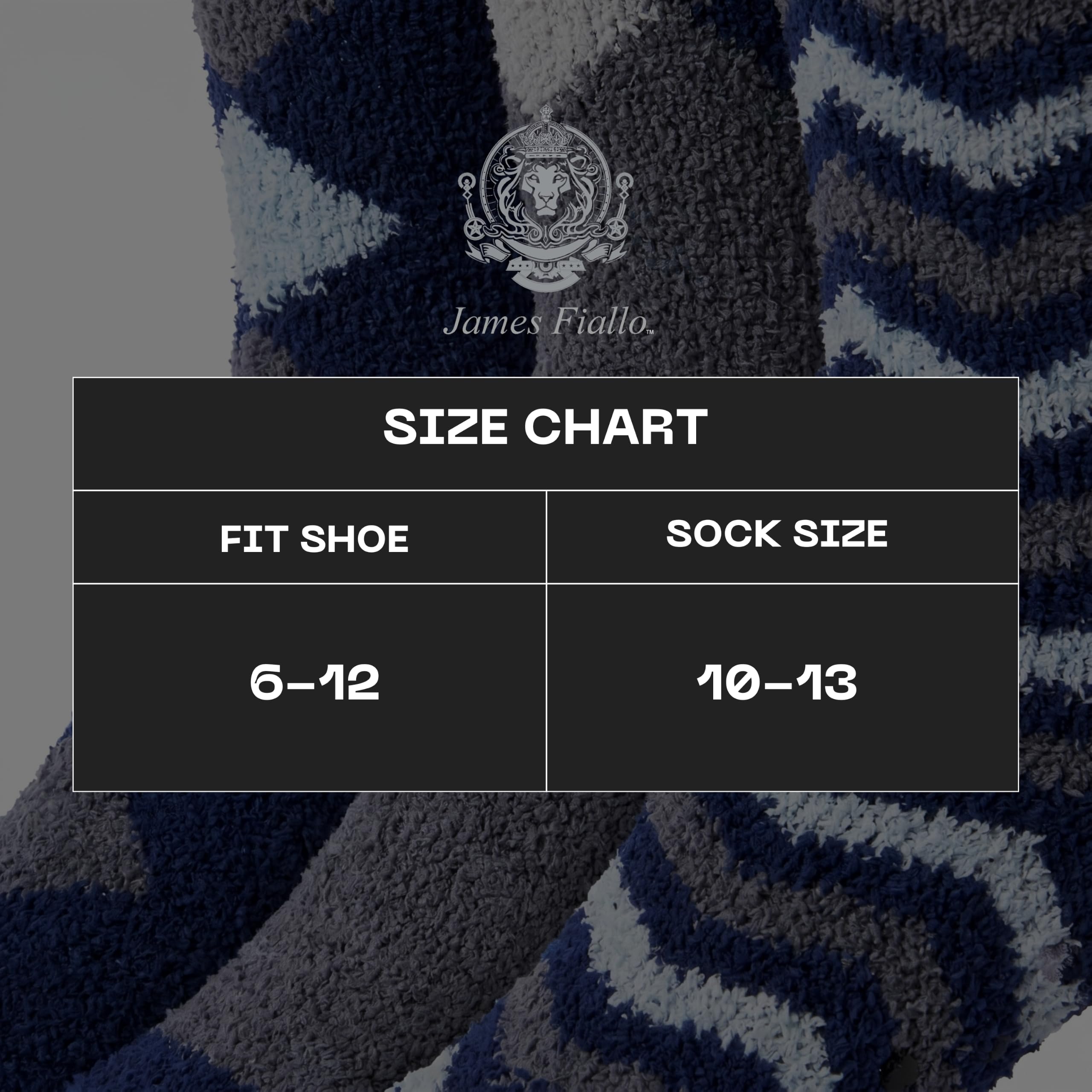 A size chart graphic for James Fiallo socks, showing a size guide from fit shoe 6-12 to sock size 10-13, overlaid on a close-up of navy, gray, and white striped knit socks.