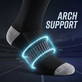 A black athletic sock with gray heel and toe sections shown on a foot, with glowing blue technical graphics around the arch area and large text reading 'ARCH SUPPORT' on a dark stadium background.