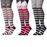 Isadora Paccini Women's 3 Pairs Cuddly Cat Motifs Fuchsia Pink Black with Grey Stripes Over The Knee High Socks