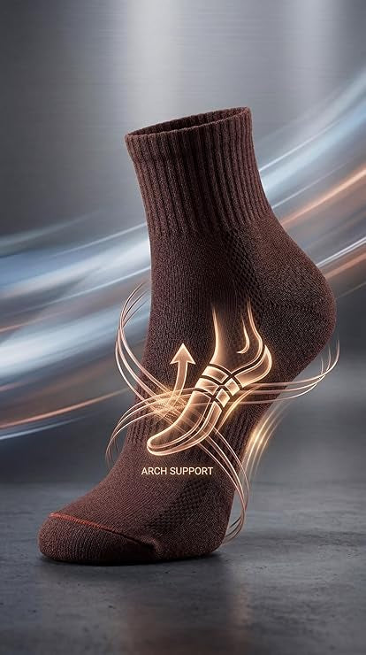 Brown sock with arch support design on a dark background