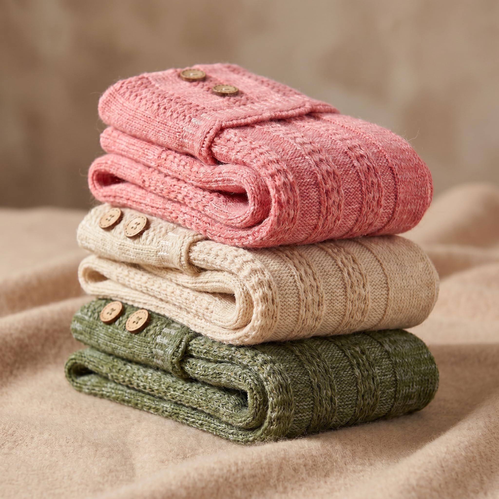Three folded knit cardigans stacked on a soft beige fabric surface: a dusty pink one on top, a cream one in the middle, and an olive green one at the bottom. Each cardigan has visible wooden buttons.