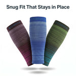 Three ribbed compression sleeves from Ronnox are shown against a white background with the text 'Snug Fit That Stays in Place' at the top. The sleeves feature gradient designs in purple, blue, and green.